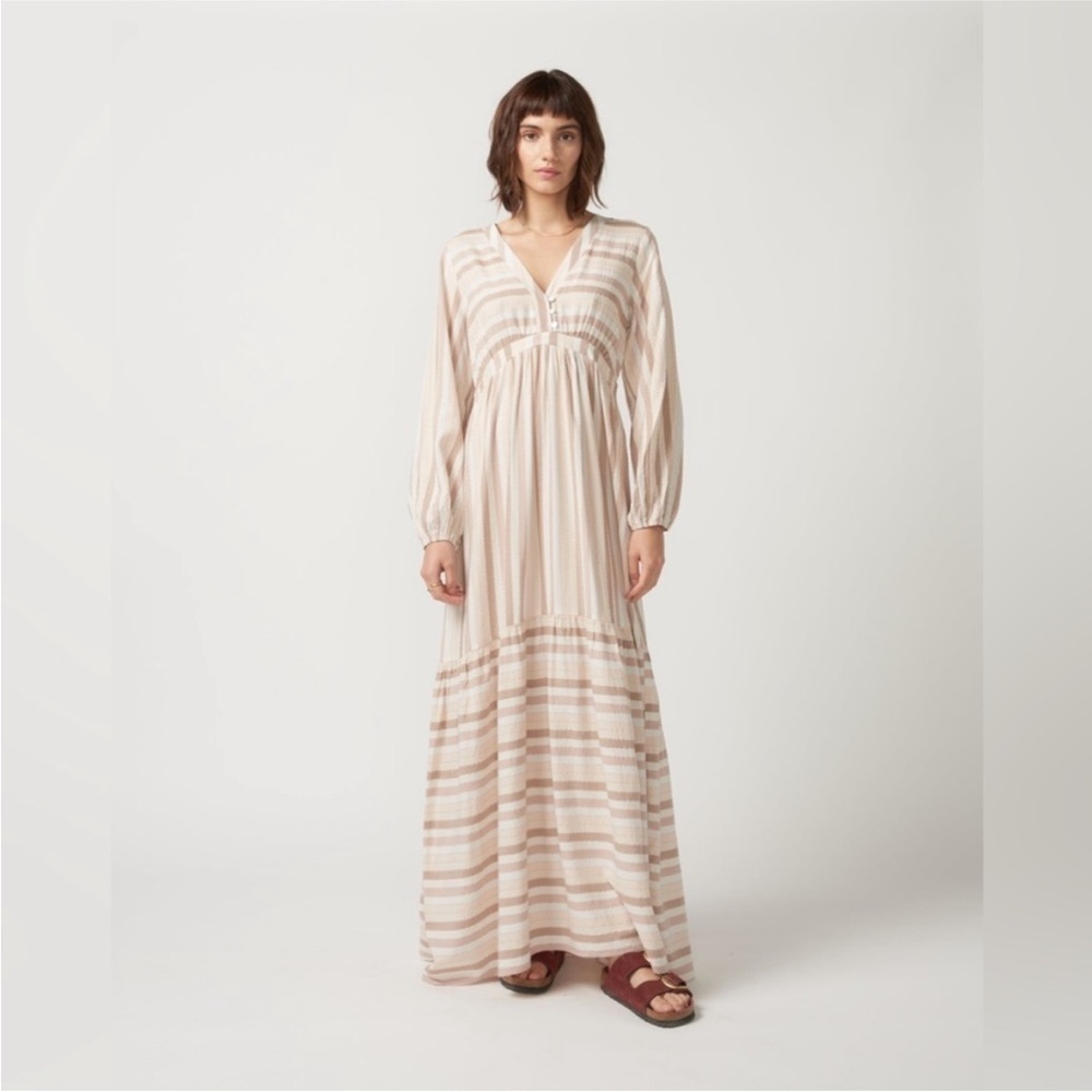 Anthropologie Cream and Tan Striped Maxi Dress
